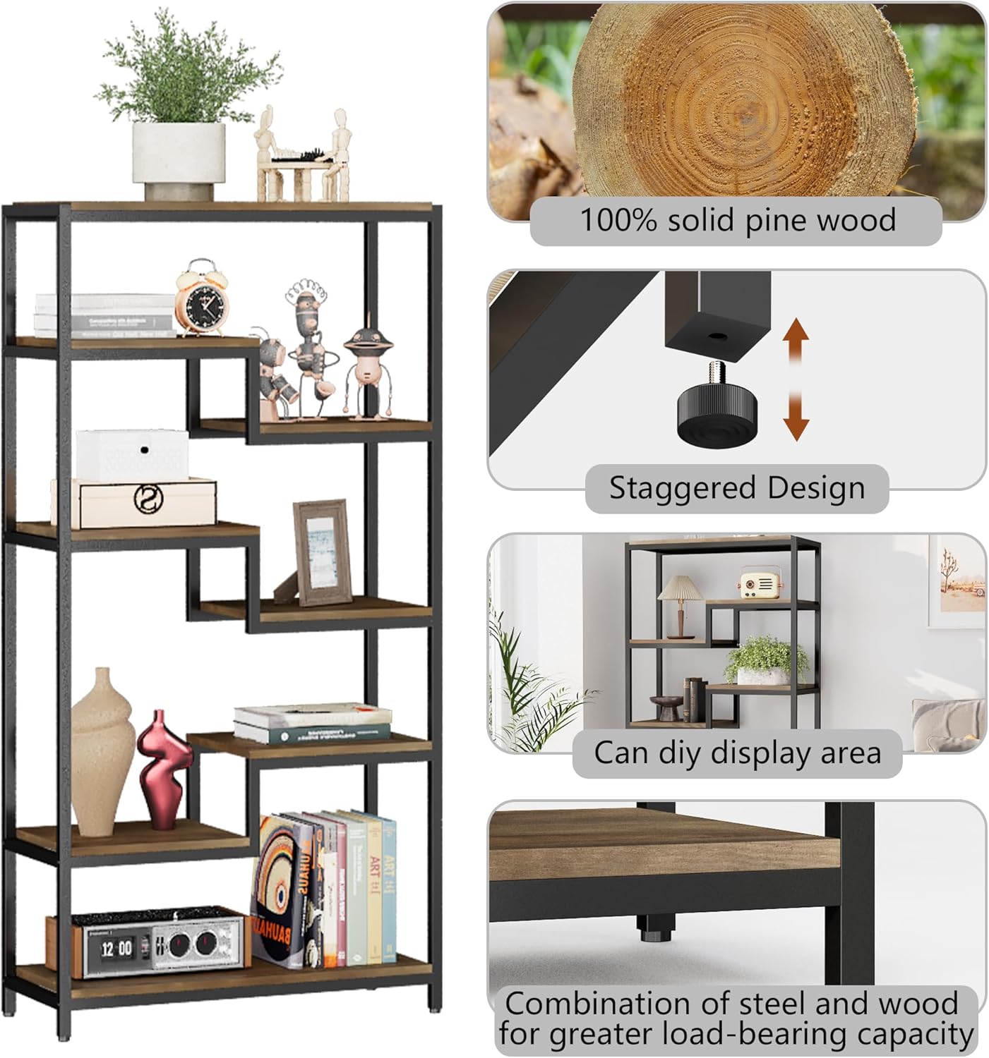 Solid Wood Industrial Tall Bookshelf - 7 Tier Staggered Bookshelves, 55’’H Rustic Brown Vintage Bookcase, Free Standing Open Bookshelf, Shelving Units Organizer for Bedroom Office Living Room.