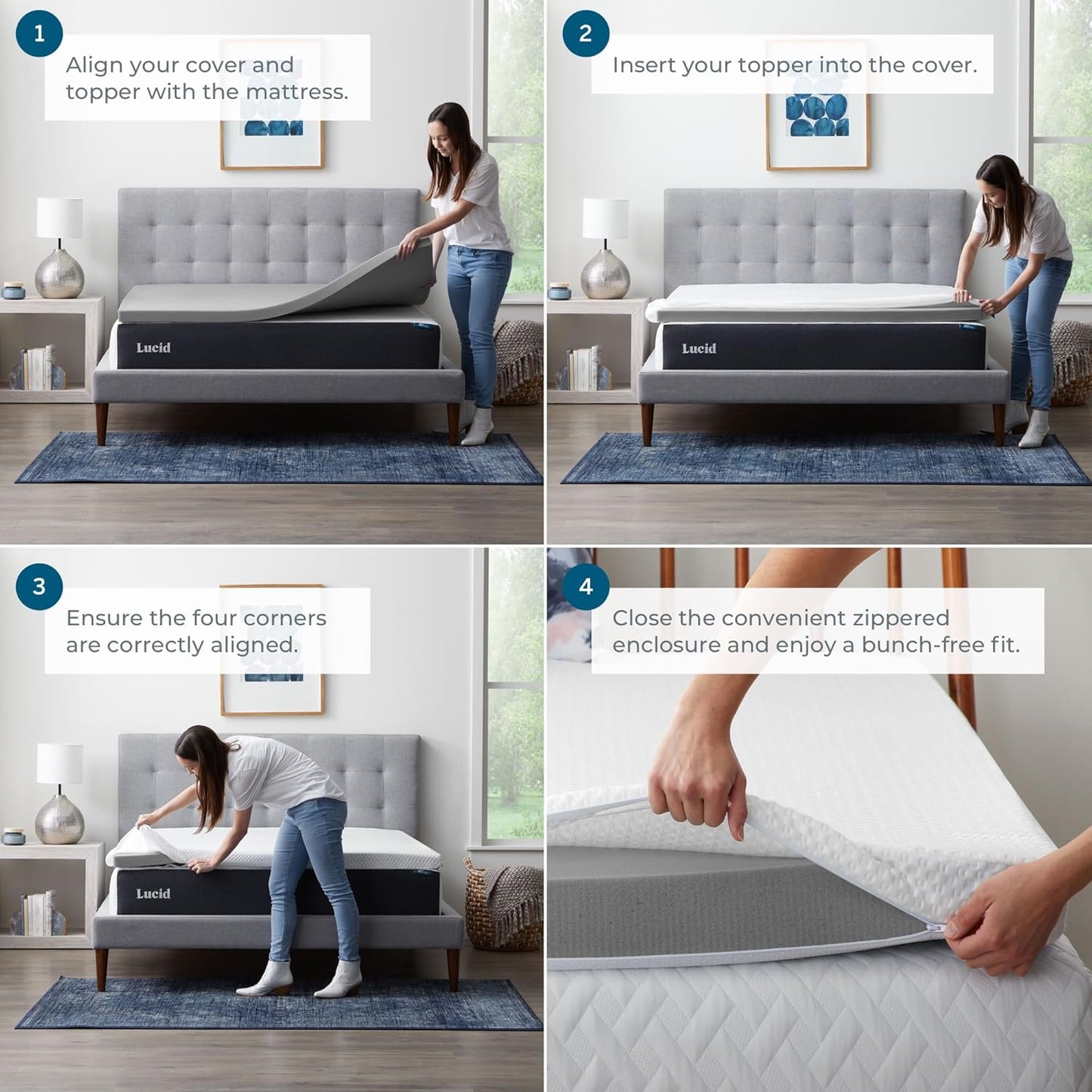 Lucid 4 Inch Bamboo Charcoal Topper and Lucid Zippered Enclosure Mattress Topper Cover, California King