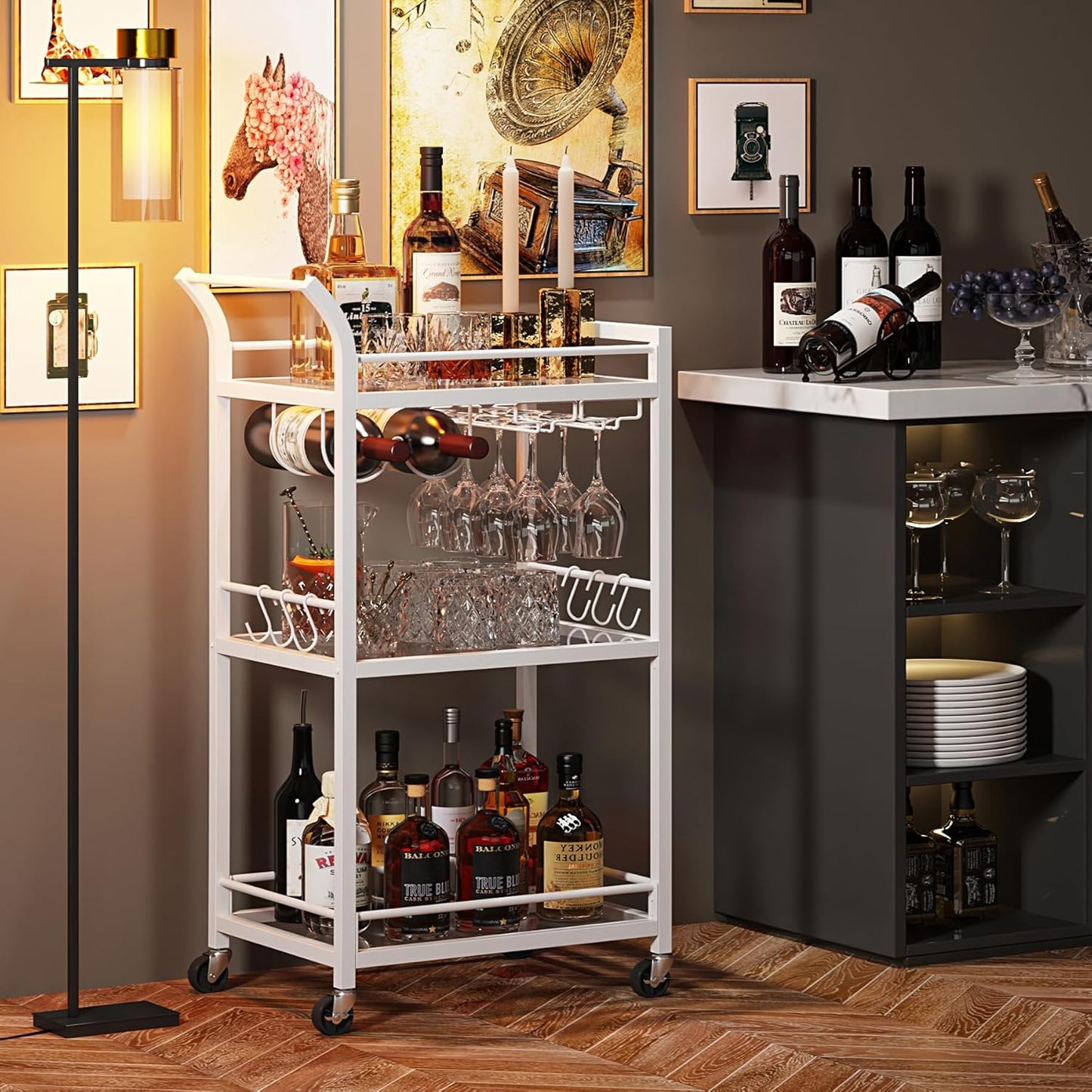 TUTOTAK Bar Cart, Home Bar Serving Cart with 3-Tier Mirrored Shelf, Mobile Kitchen Shelf, Rolling Beverage Cart, White BC01BW034