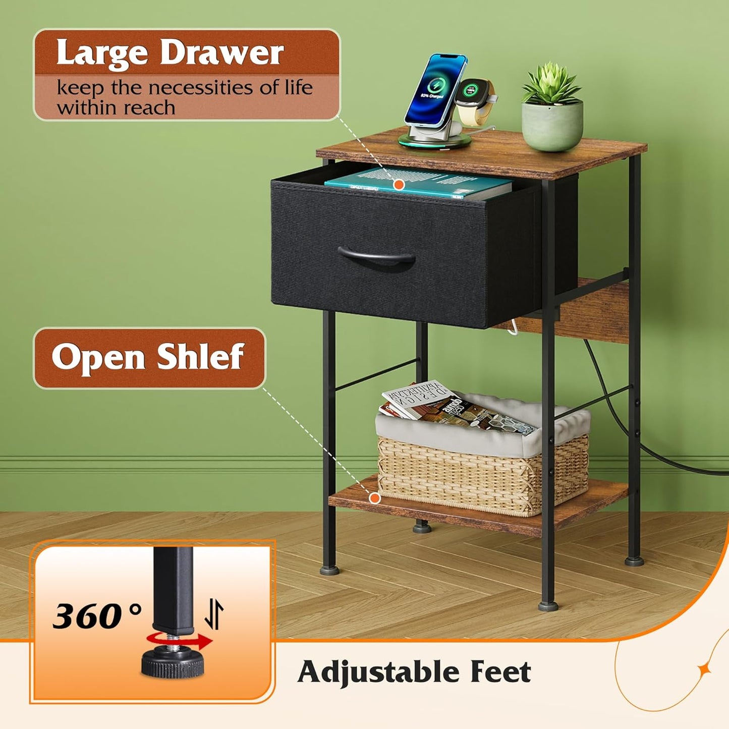 WLIVE Nightstand with Charging Station, Night Stand with 1 Fabric Drawer and Open Shelf, 25" H Bed Side Table for Bedroom, End Table, Small Dresser for Dorm, Entryway, Black and Rustic Brown