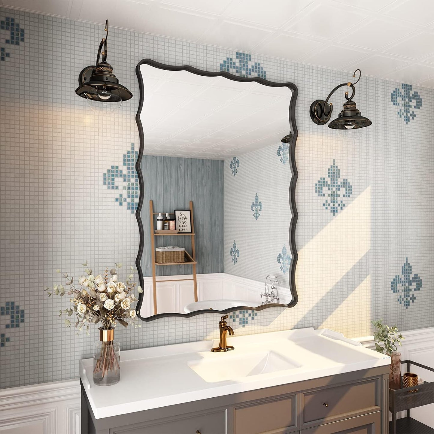 24x36 Matte Black Mirror, Black Metal Vanity Mirror for Wall, Rectangle Bathroom Mirror with Wavy Frame, Anti-Rust(Horizontal/Vertical)