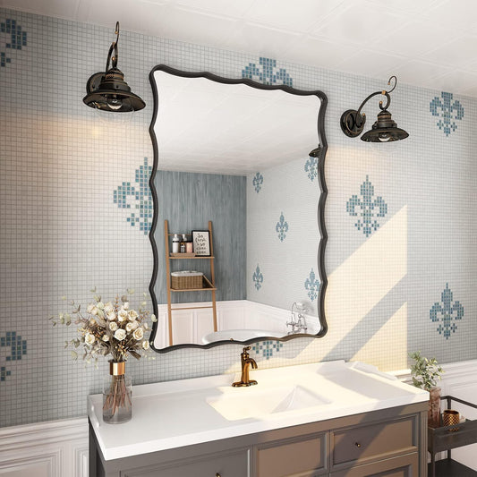 24x36 Matte Black Mirror, Black Metal Vanity Mirror for Wall, Rectangle Bathroom Mirror with Wavy Frame, Anti-Rust(Horizontal/Vertical)