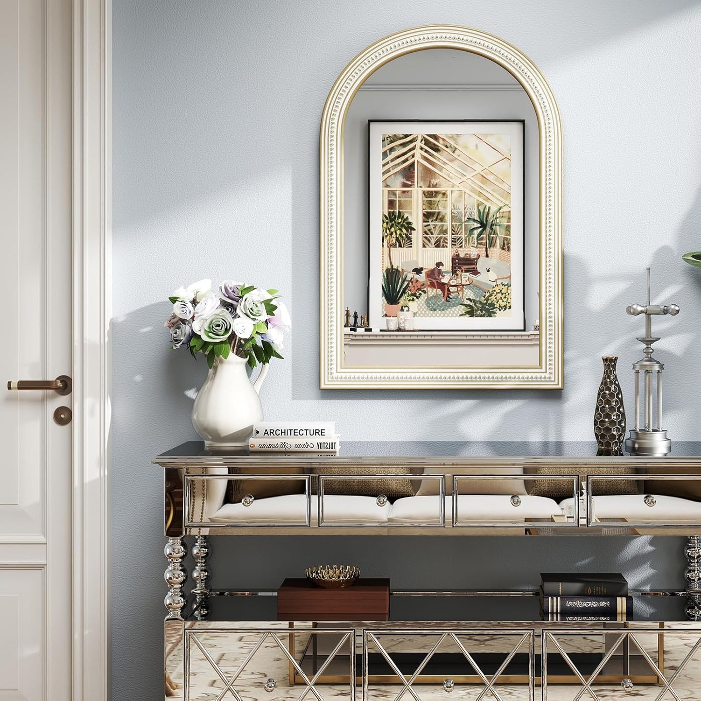 36x24 Inches Farmhouse Wooden Arched Wall Mirrors, Boho Decorative Arch Mirrors for Bathroom Over Sink, Living Room, Hallway, Foyer, Entryway