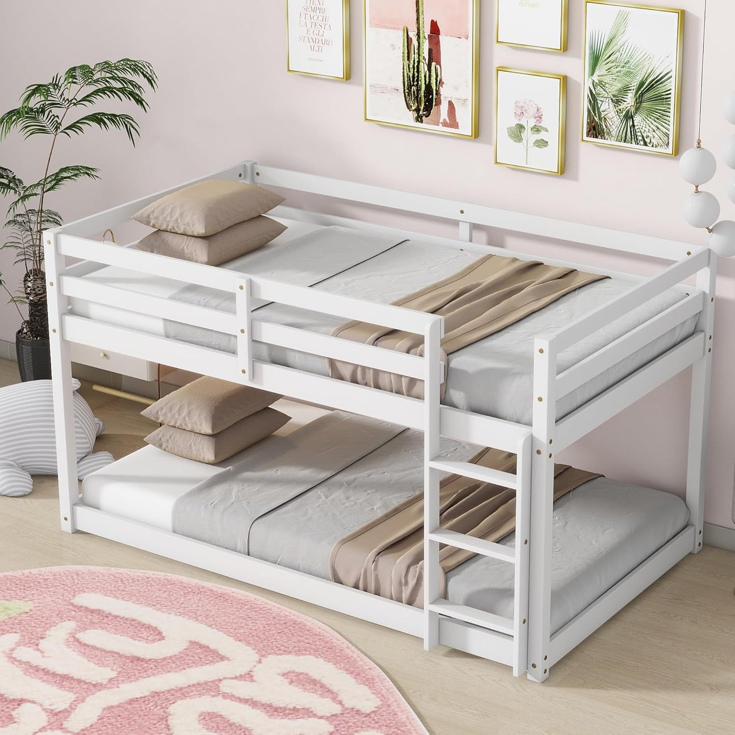 HomSof Twin Over Twin Low Floor Loft Bed with Guard Rails for Dormitory Bedroom,Bottom Without Bed slats,White