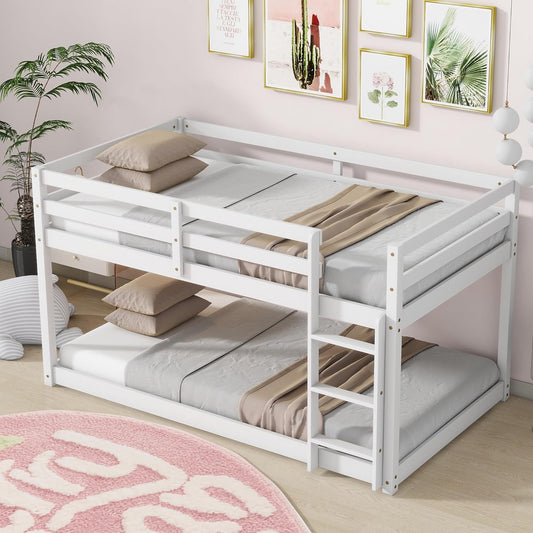 HomSof Twin Over Twin Low Floor Loft Bed with Guard Rails for Dormitory Bedroom,Bottom Without Bed slats,White
