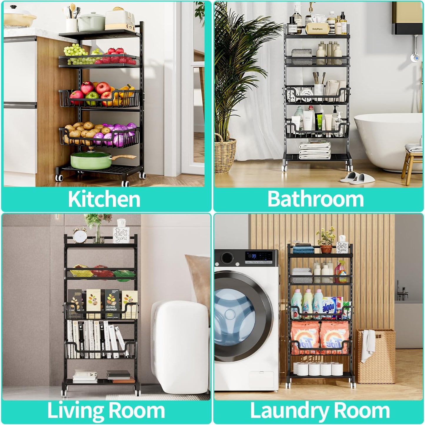 HapiRm Fruit Basket Kitchen Cart - 5 Tier Adjustable Vegetable Storage Rack, Large Capacity Rolling Kitchen Carts on Wheels for Snack Onion and Potato Storage