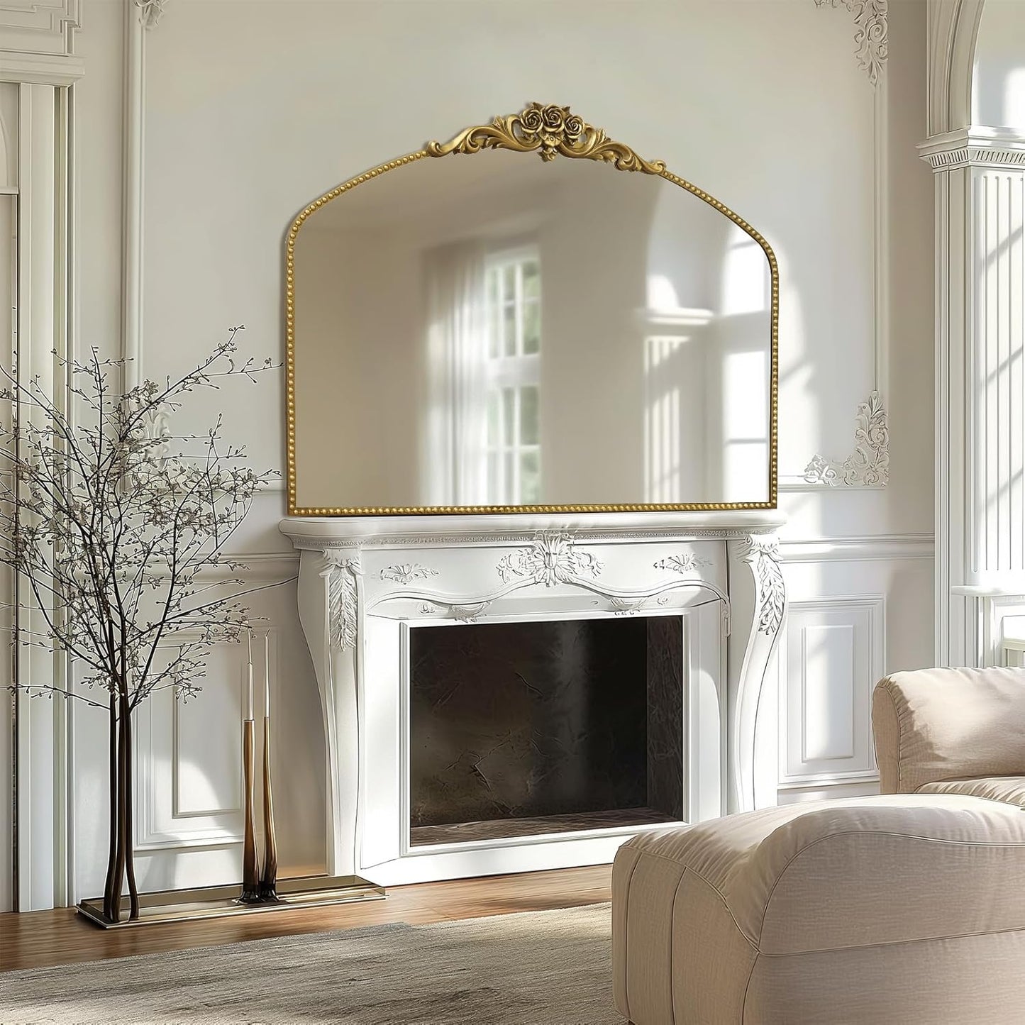 AIXI HOME Vintage Gold Arched Mirror 40"X30", Antique Baroque Mantel Mirror with Ornate Metal Frame, Victorian Dress Wall Mirror for Entryway/Fireplace/Living Room/Hallway/Bathroom/Bedroom