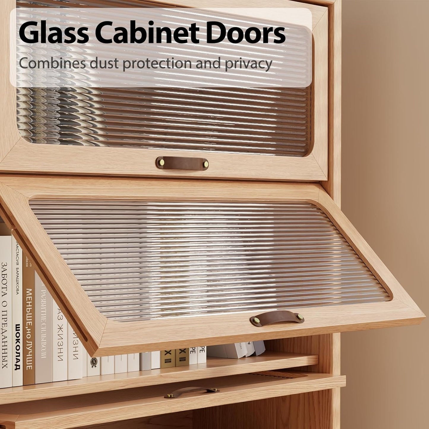 Solid Wood Bookcase with Glass Doors, 3 Shelf Bookshelves and Bookcases, Mid Century Modern Bookshelf with Glass Doors, Kitchen Pantry Cabinet (Natural, 31.5" W)