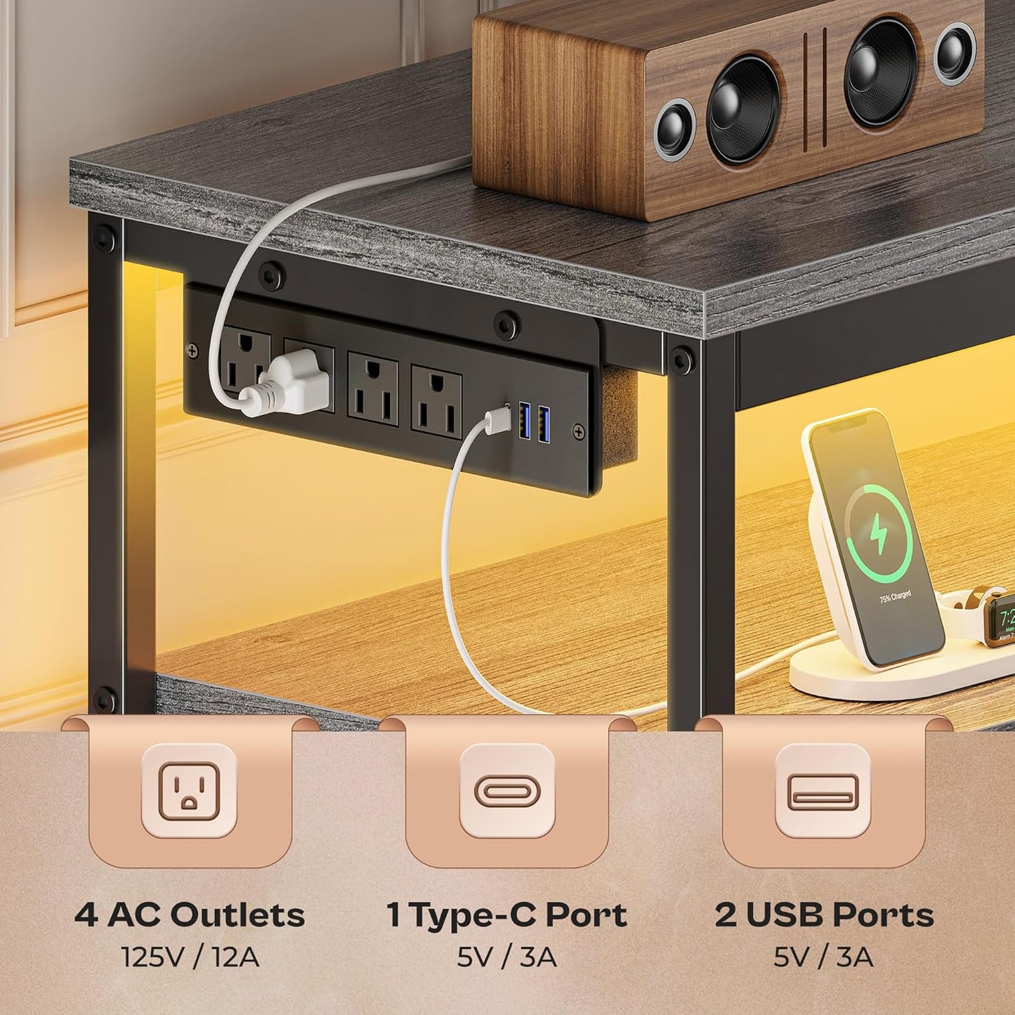 Huuger LED TV Stand for Bedroom, 55 Inch Fabric Dresser with Power Outlets, Entertainment Center for 60, 55, 50 Inch TV, 6 Drawer Dresser for Bedroom, Chest of Drawers with Shlef, PU Leather, Grey