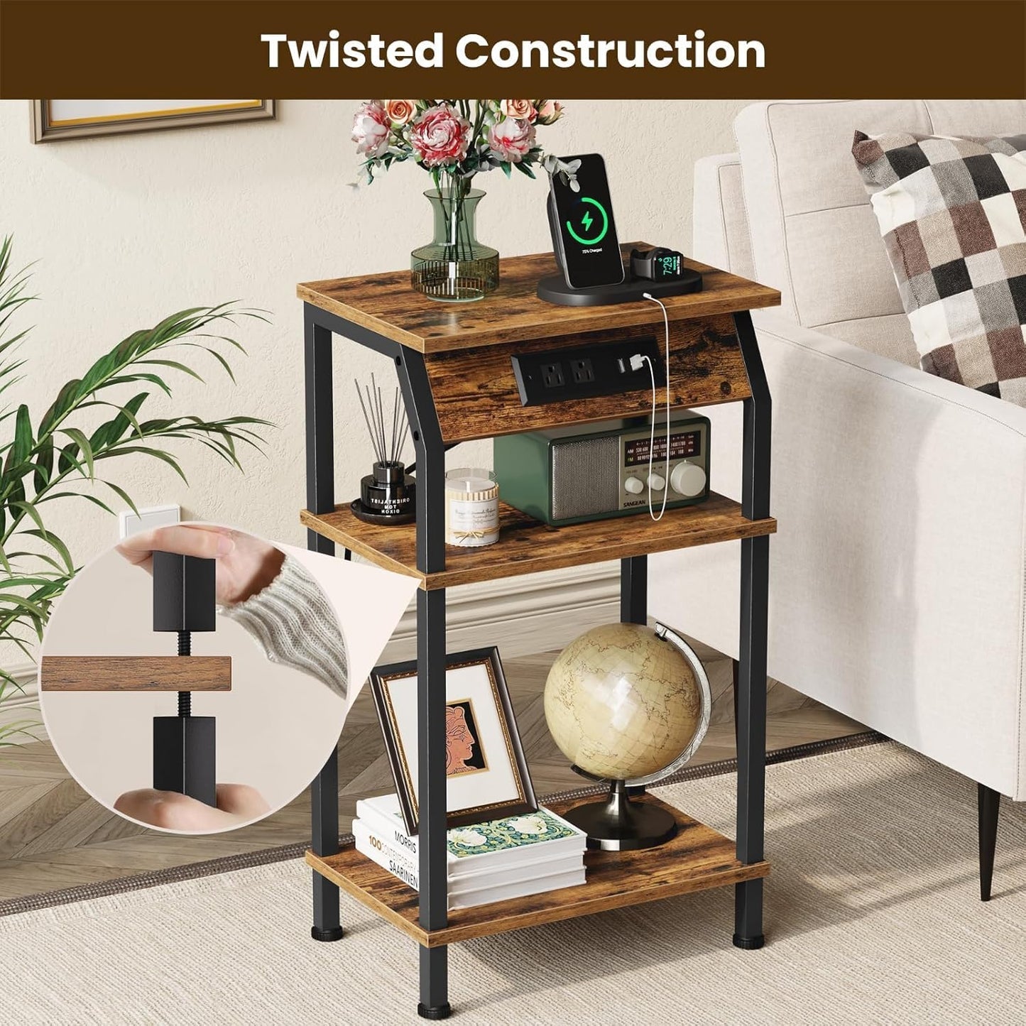 Tall Side Table with Storage, 3-Tier Small End Table with Charging Station, Narrow Bedside Table Stand, Space-Saving Nightstand for Living Room, Bedroom,Office, Rustic Brown