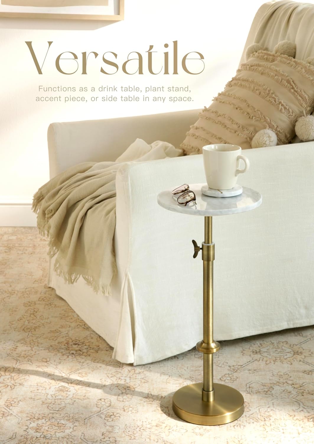 Adjustable-Height Marble Drink Table - 10x10x22-30, White Marble & Antique Brass, Modern Round End Table, Side Table with Pedestal Stand for Small Spaces, Vintage Metal Martini Cocktail Accent