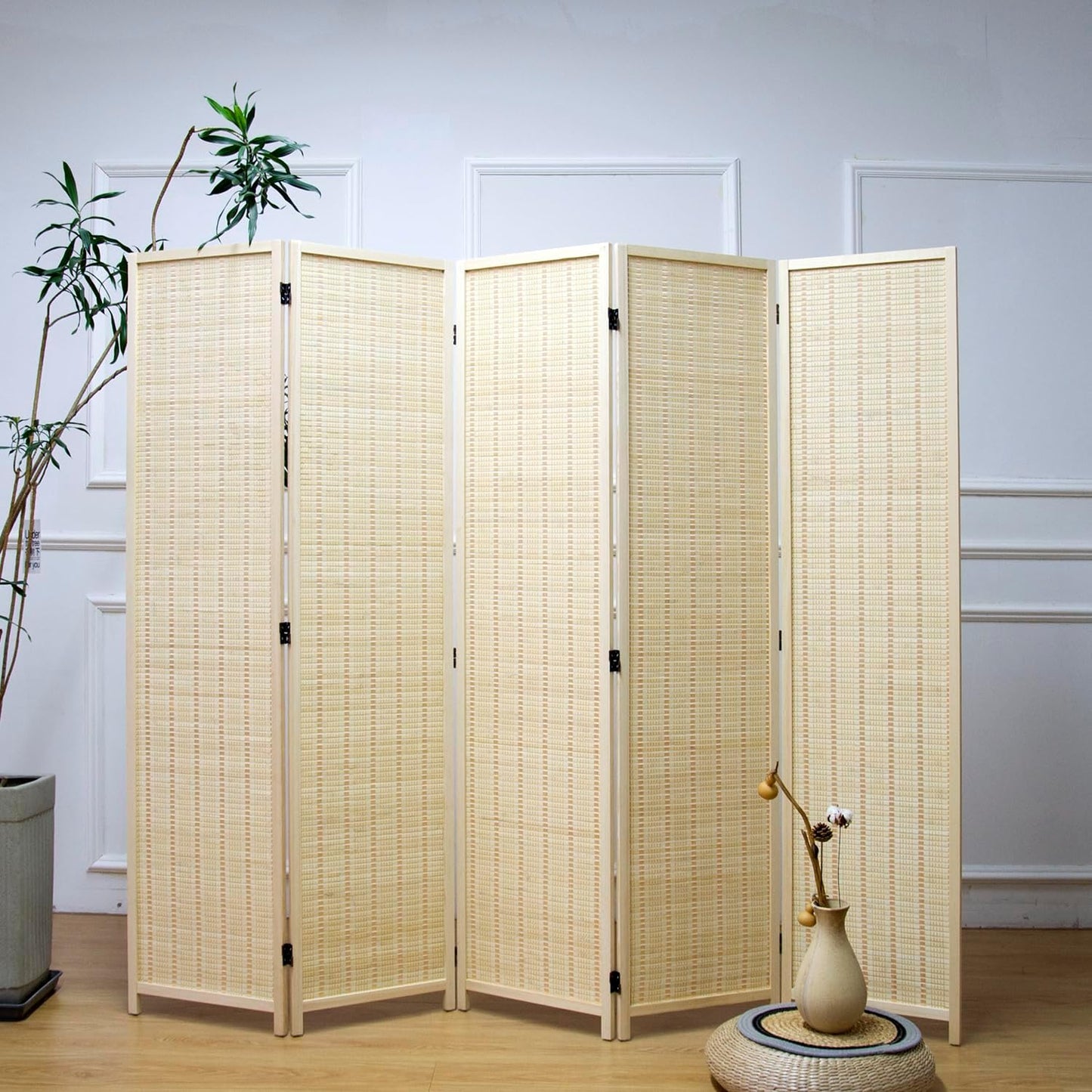 5 Panel Room Divider and Folding Panel Screen,Bamboo Panel Divider Screen for Room Separation,Beige,67" H x 76.75" W