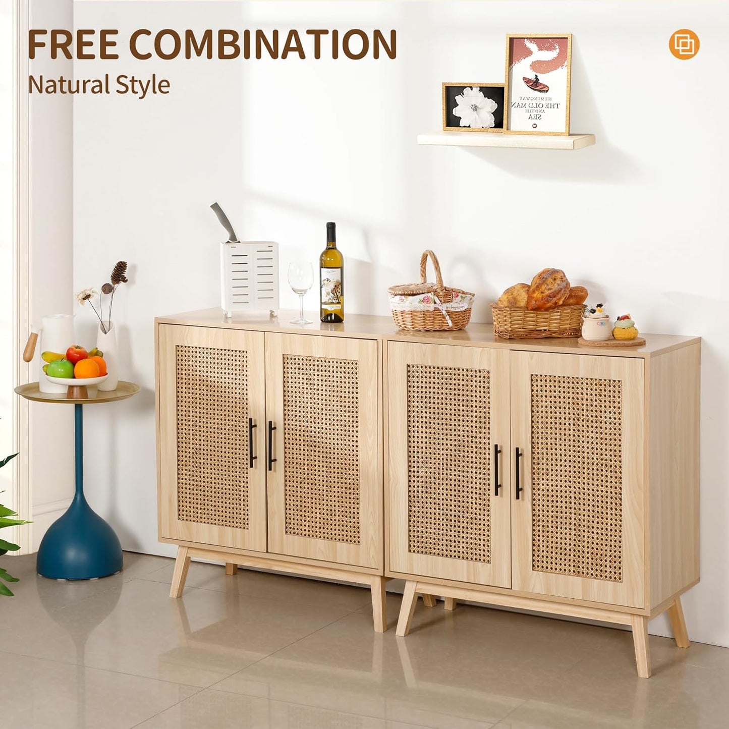 Rengue Sideboard Buffet Cabinet with Rattan Decorated Doors - Accent Cabinet Cupboard Console Table for Hallway, Entry, Living Room, Natural