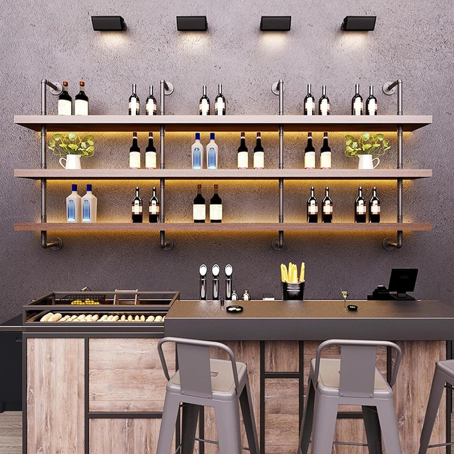 70.8in Large Wine Rack with LED Light Solid Wood Wall Mounted Wine Rack, 3-Tiers Liquor Bottles Floating Shelves Display Storage Organizer for Home Bar & Dining Room (180cm/70.8in)