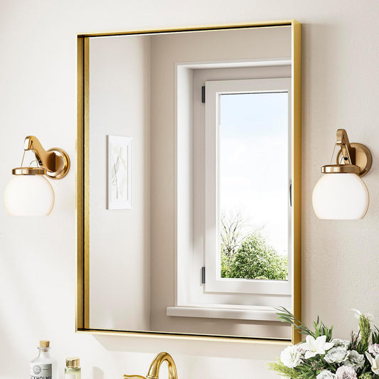 Keonjinn 24 x 32 In Brushed Gold Bathroom Mirror for Over Sink Shiny Gold Rectangle Wall Mirror Metal Framed Rectangular Farmhouse Mirror Modern Square Corner Framed Vanity Mirror(Horizontal/Vertical)