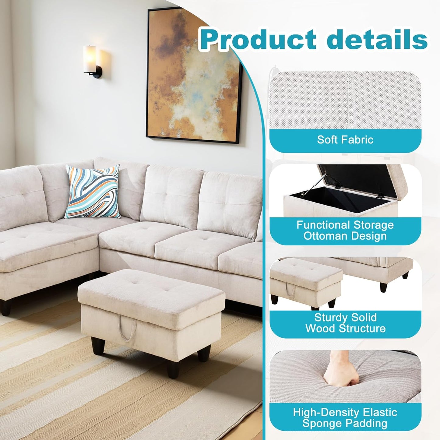 L Shaped Couch Modern Sectional Couch Upholstered Corduroy Fabric 3 Pieces Sofas for Living Room with Chaise, Storage Ottoman for Office and Small Apartment, Grey White