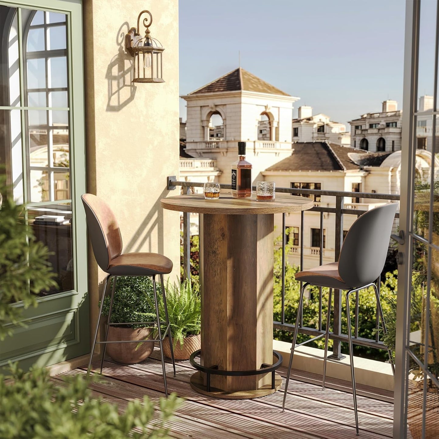 LITTLE TREE Round Bar Table, 39.4" H Wooden Bistro Pub Table with Round Metal Footrest, Small Pub Cocktail Table for Dining Coffee Living Room, Apartment, Balcony, Rustic Brown