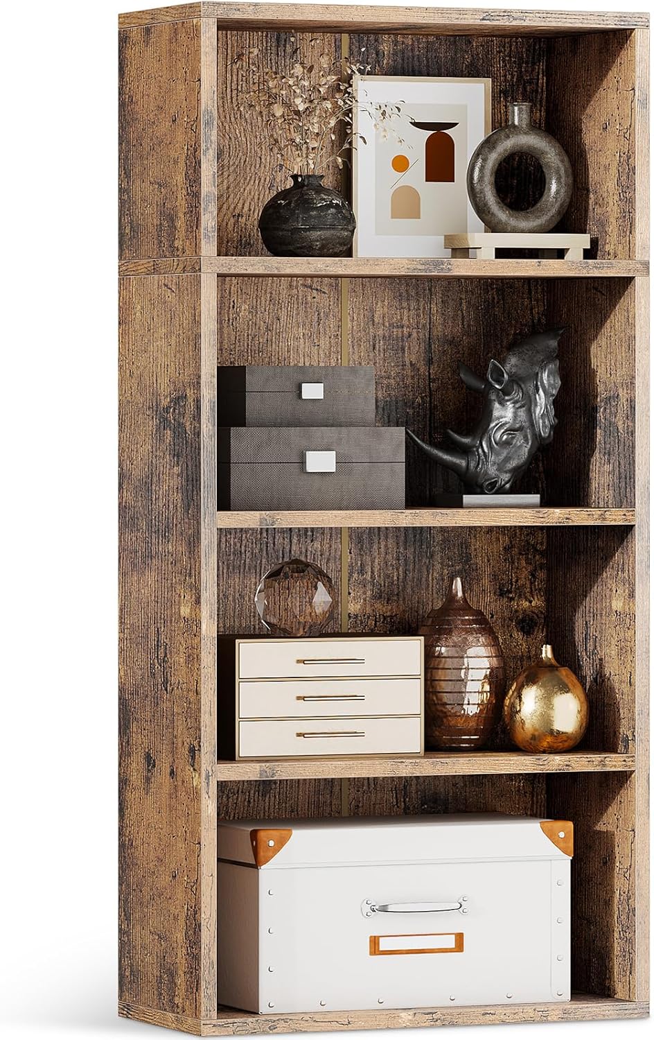 Casaottima 4-Tier Open Bookshelf and Bookcase, Floor Standing Display Storage Shelves for Living Room, Tall Book Shelf for Bedroom, Home Office, Dining Room, Vintage