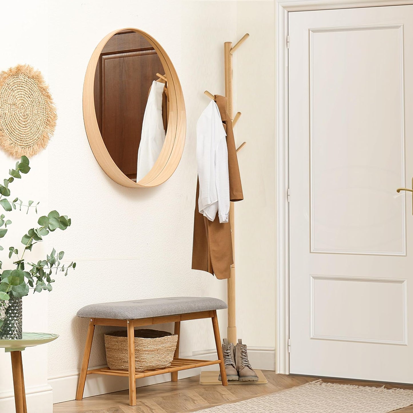 Yawinhe Coat Rack, Sturdy Wooden Coat Tree with 8 Hooks, 3 Adjustable Height for Bedroom, Hallway, Entrance, Office, 11.8 x 70.8 inches, Natural, 1-Pack, Square Base