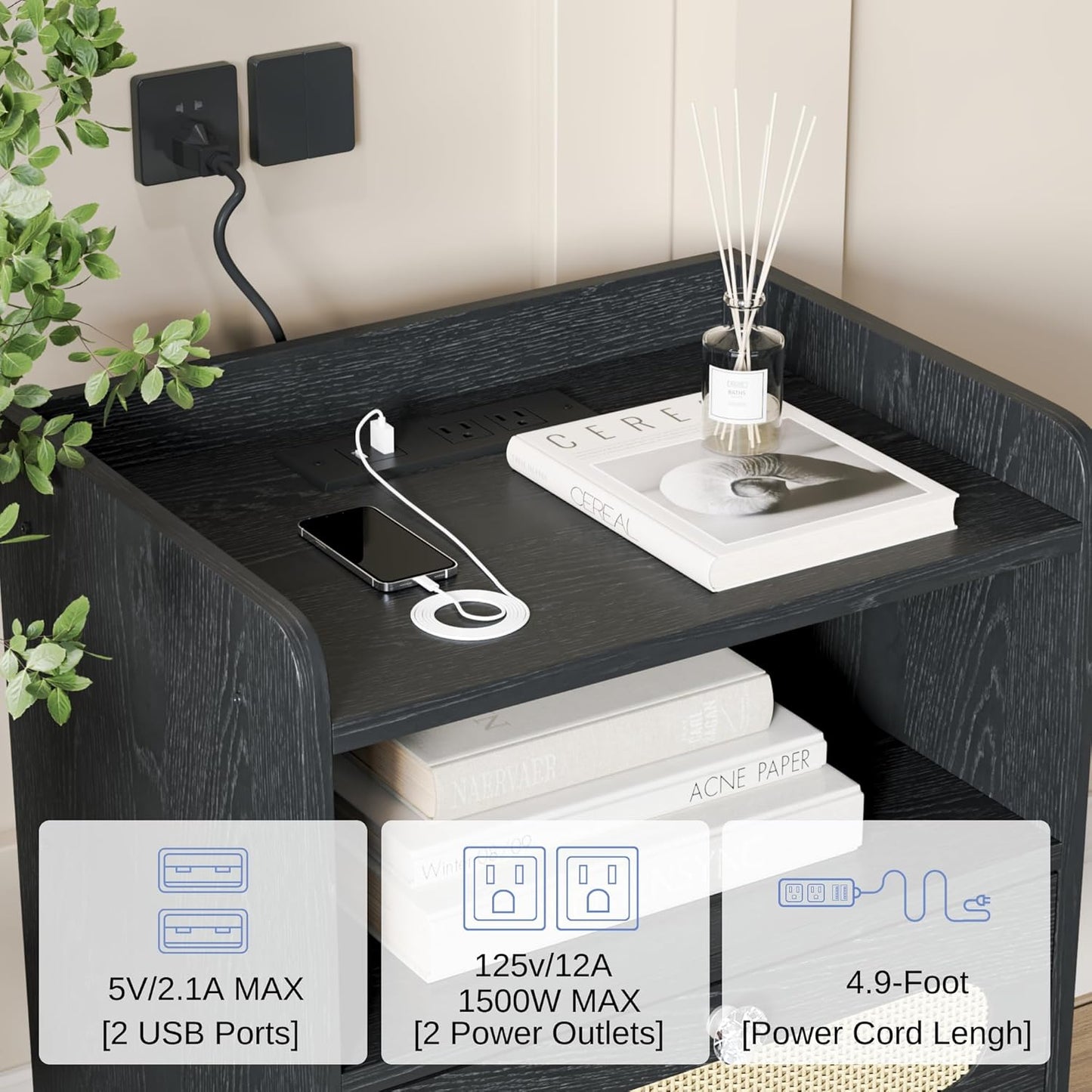 End Table Set of 2 with Charging Station, Diamond Décor Nightstands Set of 2, Bedside Table Set of 2 with Solid Wood Legs, Black