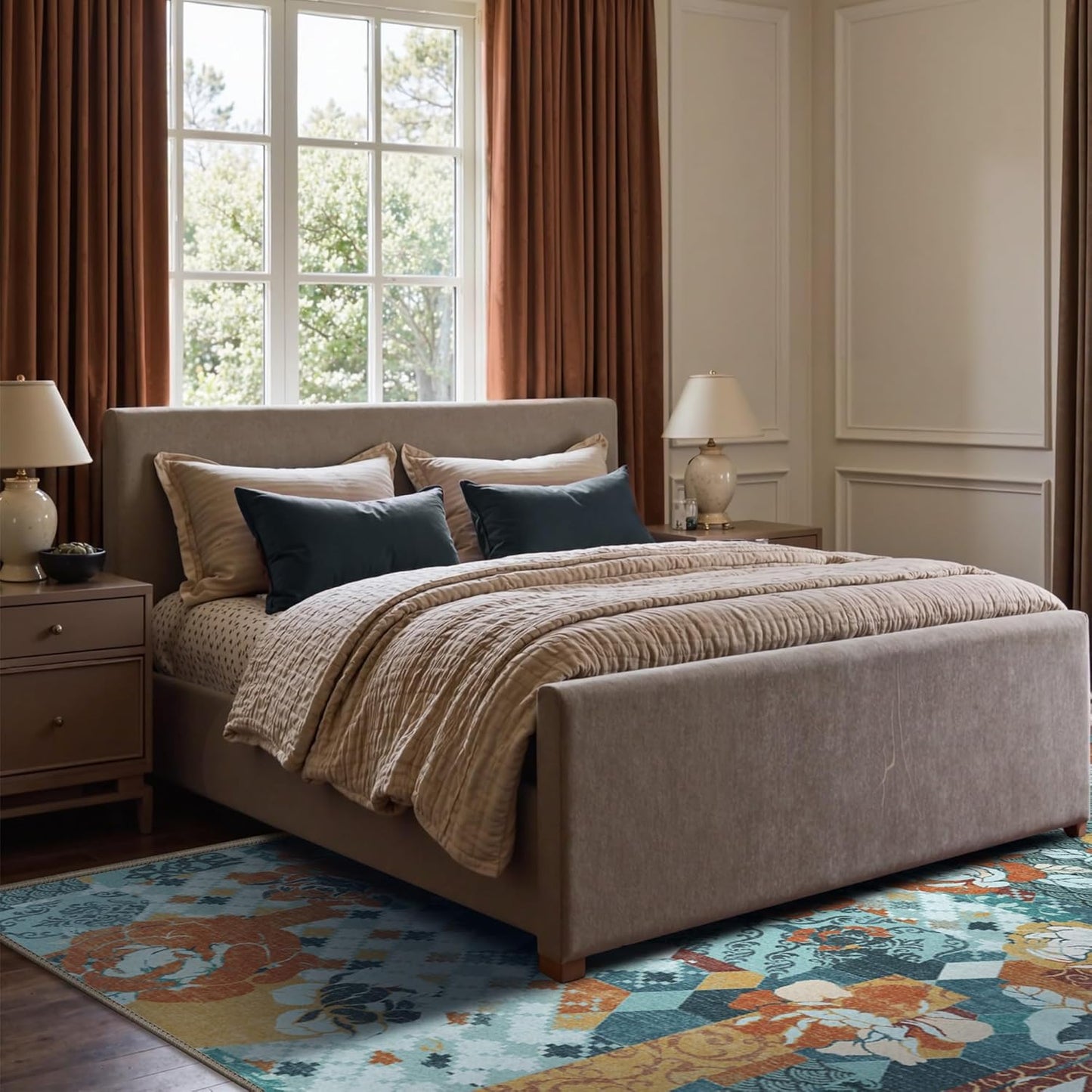 GENIMO 5X7 Floral Area Rugs for Living Room, Machine Washable Non Slip Vintage Patchwork Washable Rug, Ultra-Thin Low Pile Chenille Rugs for Bedroom, Dining Room, Navy Blue