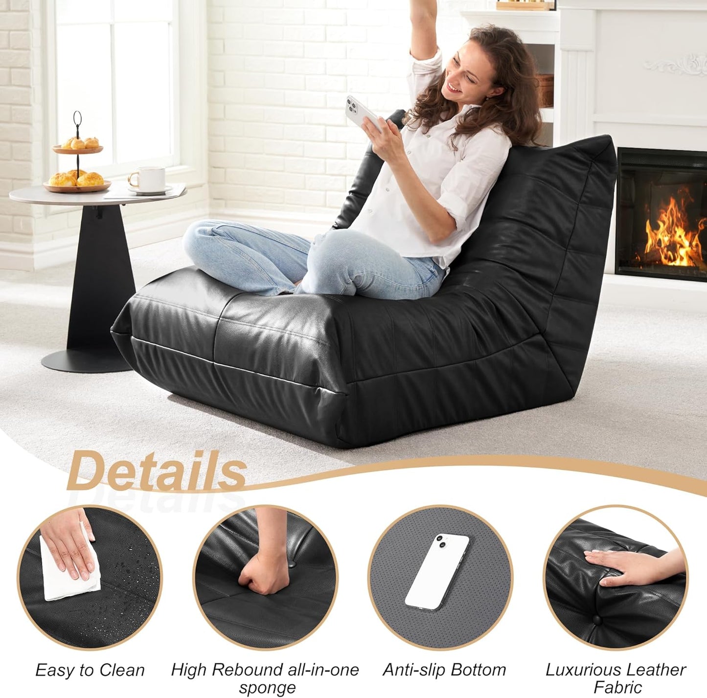 Hobestluk Giant Bean Bag Chair Lazy Floor Sofa, Memory Foam Fireside Sofa for Adults, Big Beanbag Faux Leather Armless Chair for Living Room Bedroom Dorm Office (Black, Single)