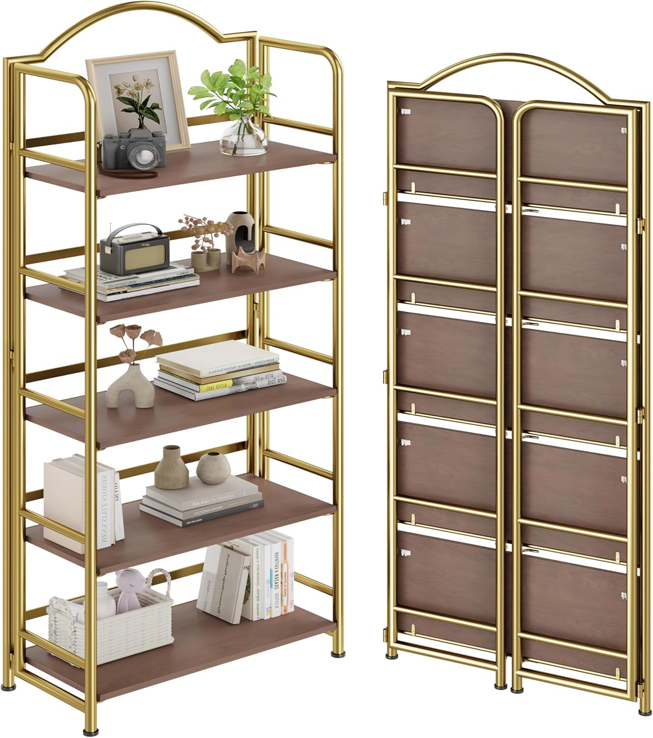 No-Assembly Gold Folding Bookshelf Storage Shelves 5 Tiers Vintage Multifunctional Plant Flower Stand Storage Rack Shelves Bookcase for Home Office