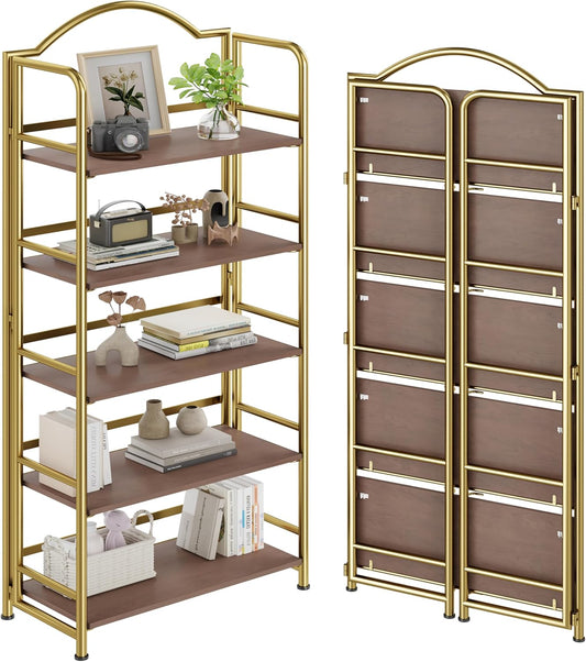 No-Assembly Gold Folding Bookshelf Storage Shelves 5 Tiers Vintage Multifunctional Plant Flower Stand Storage Rack Shelves Bookcase for Home Office
