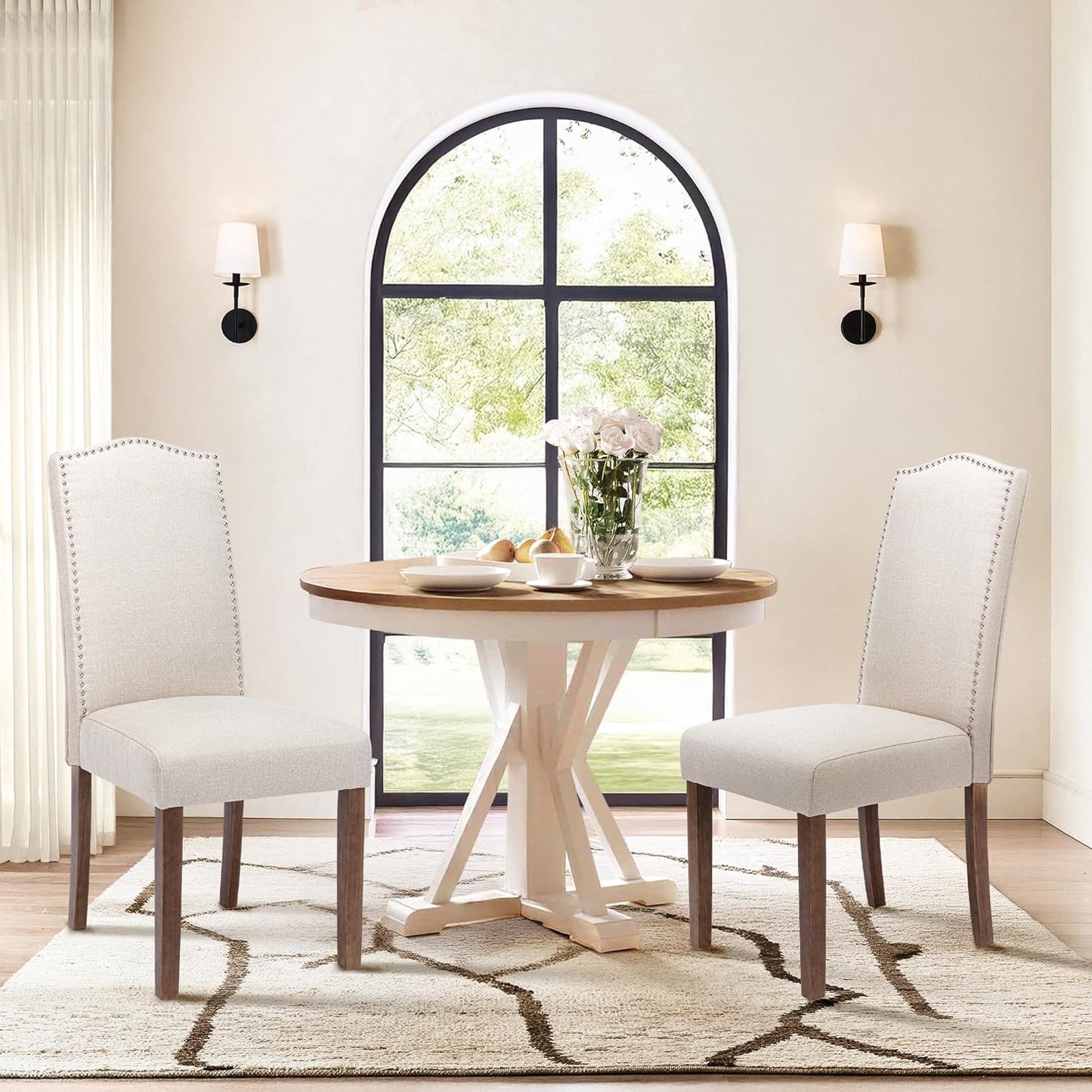 Stylish Upholstered Parsons Dining Chair Kitchen with Silver Nailhead Trim and Sturdy Solid Wood Legs