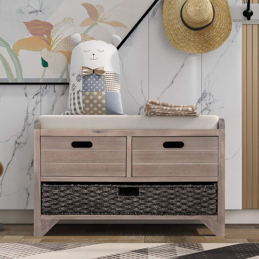 Merax Modern Wood Storage Bench with 2 Drawers and 1 Rattan Baskets for Living Room Bed Room Entryway Natural