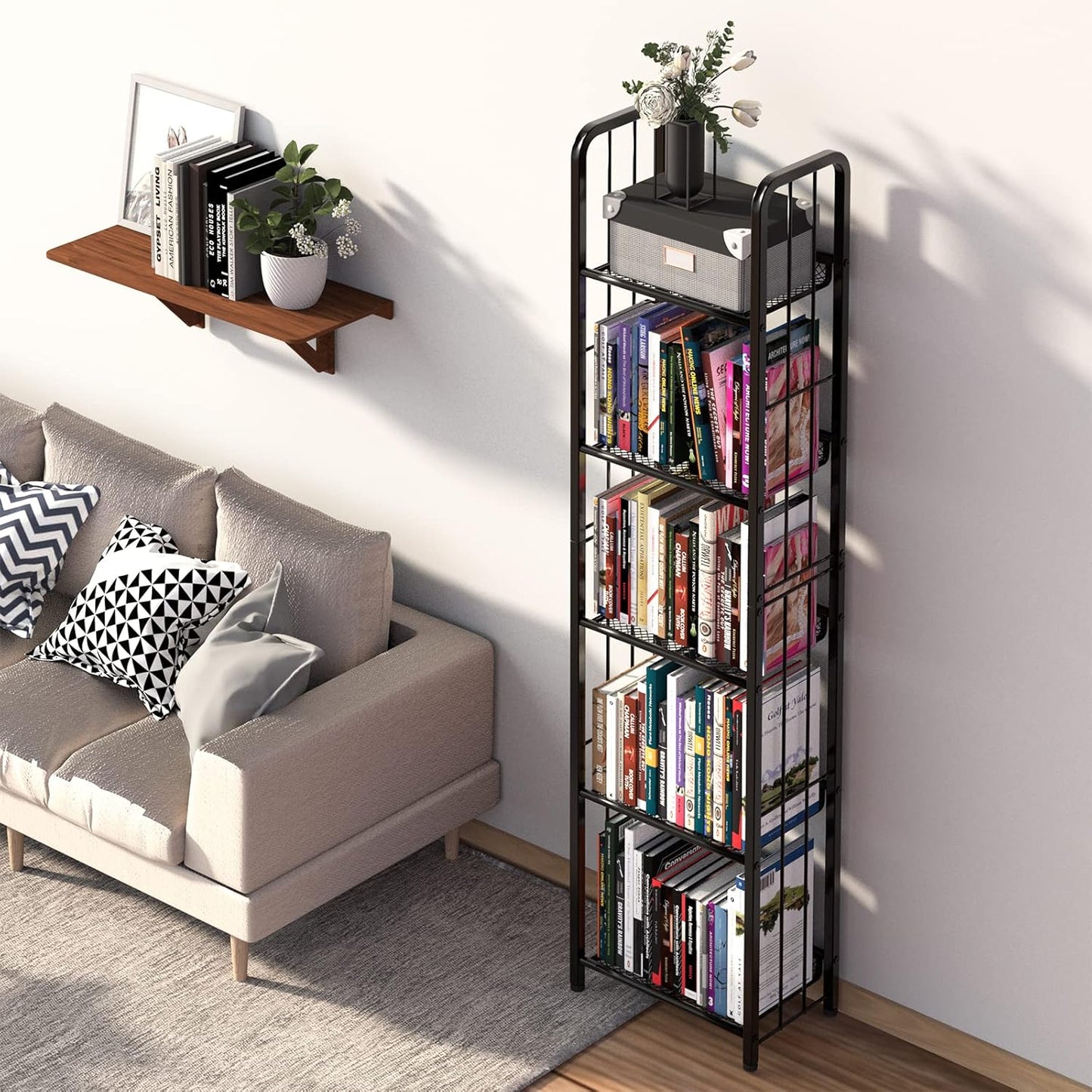 Bookshelf Storage Shelf Bookcase Freestanding Storage Stand for Living Room, Bedroom, Kitchen Rust Resistance Easy Assembly Free Combination Multi-Functional Organizer (5 Tiers, Black)