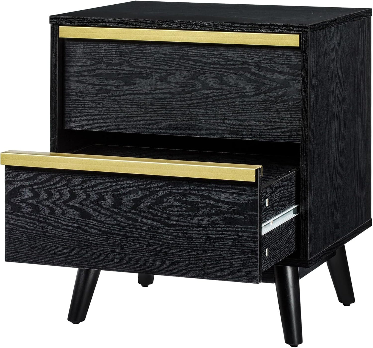 Sango Cortland 2-Drawer Nightstand, Modern Black Wood Bedside Table with Brass Handle, Wooden Legs, Sleek Mid-Century Design, Elegant Storage for Contemporary Homes