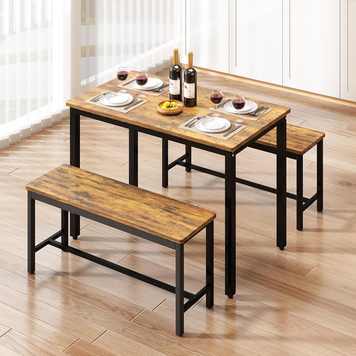 Rovibek Dining Table Set for 4 with 2 Benches – Space-Saving Kitchen Table Set for Kitchen & Dining Room, Brown