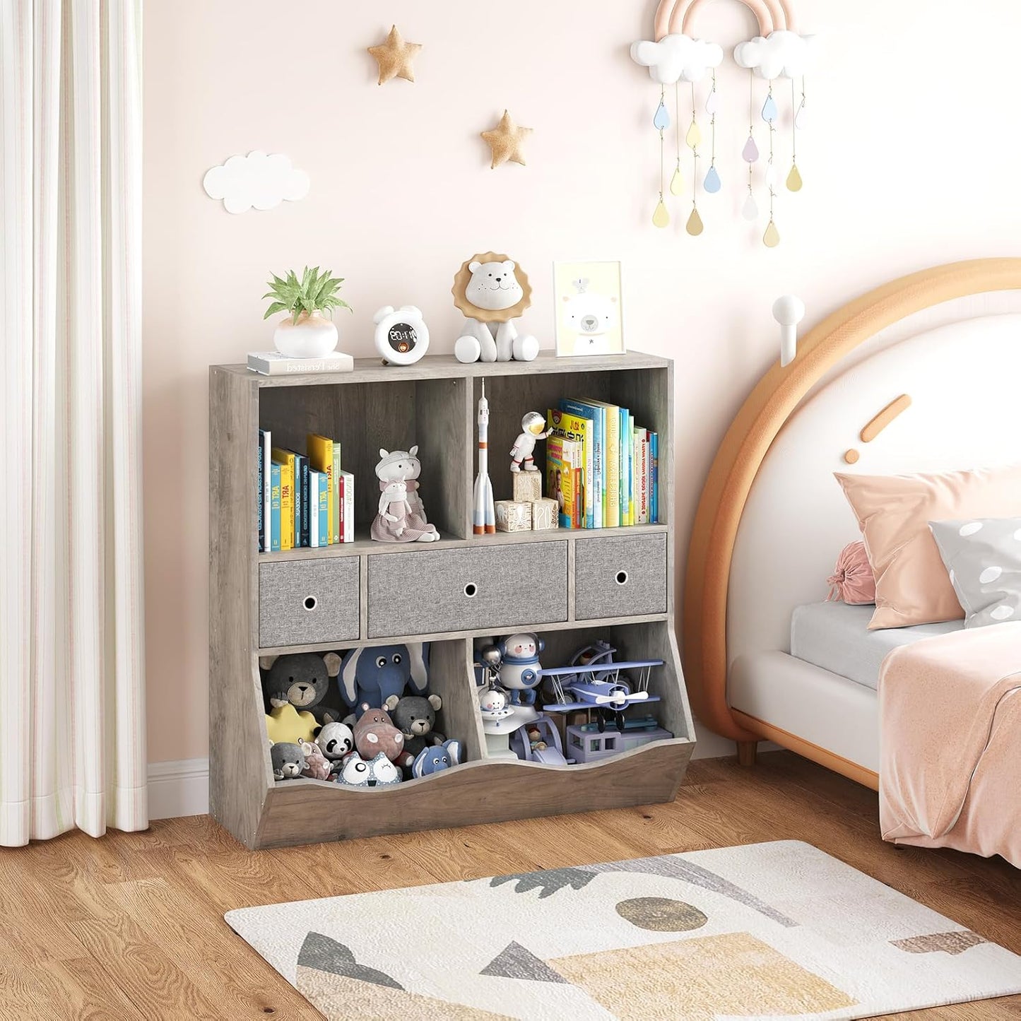 IDEALHOUSE 7-Cubby Large Kids Toy Storage Organizer, Children Wood Bookcase and Bookshelf, 3-Tier Toy Storage Cabinet with 3 Drawers for Hallway, Playroom, Living Room, School,Gray