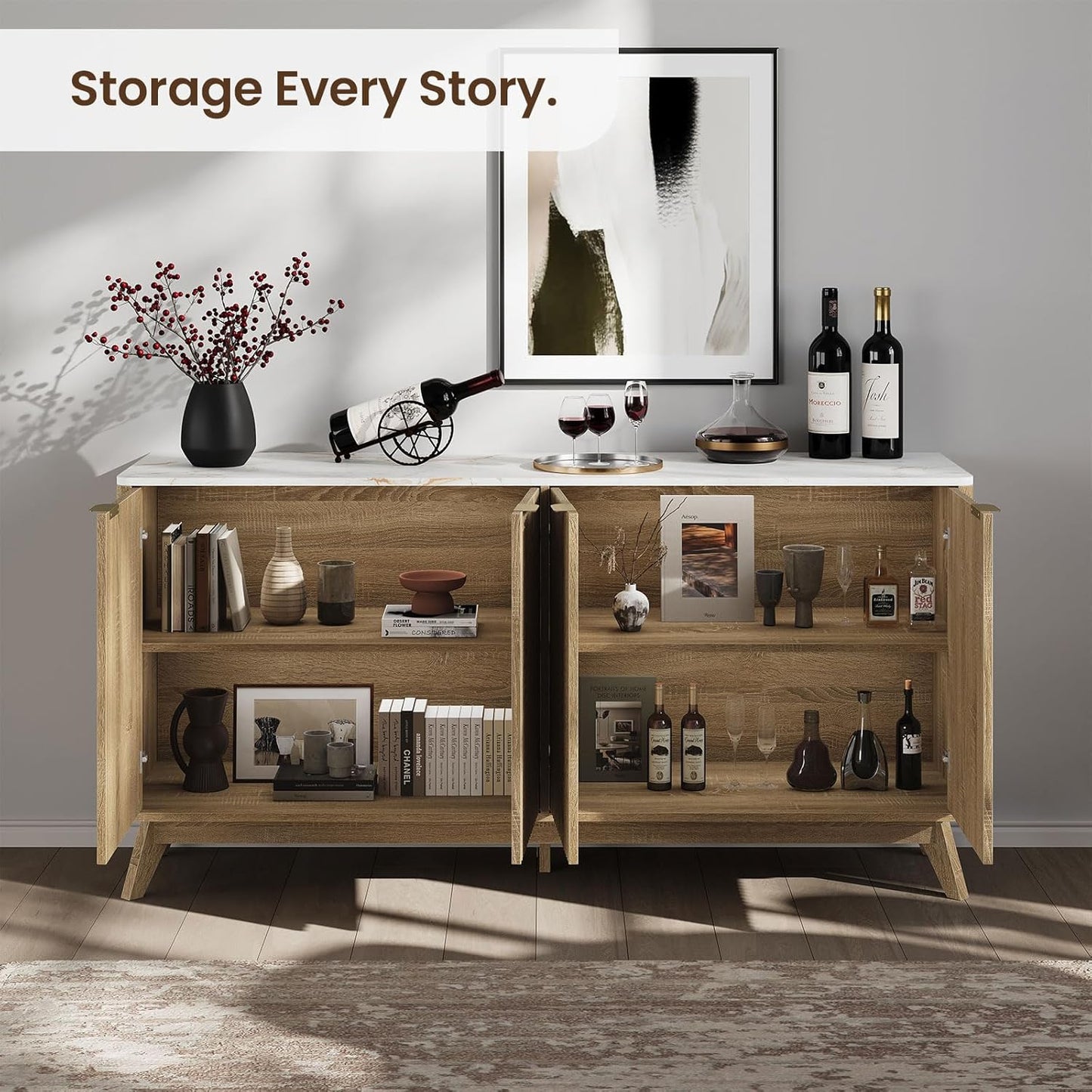 Buffet Cabinet with Storage, Fluted Multifunctional Storage Cabinet with 4 Doors, Sideboard Cabinet with Doors Modern Buffet Table Accent Coffee Bar Console Table,fluted buffet cabinet