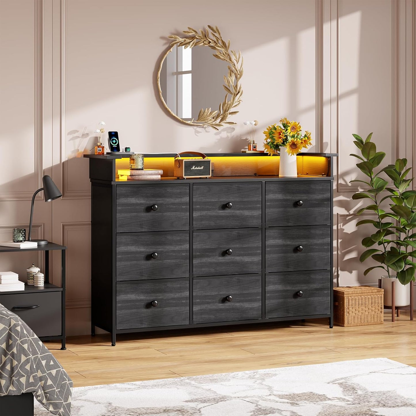 Nicehill 9 Drawer Dresser for Bedroom, TV Stand for Bedroom, Black Dresser with LED Light, Fabric Chests of Drawers for Hallway Entryway (Black Wood Grian)