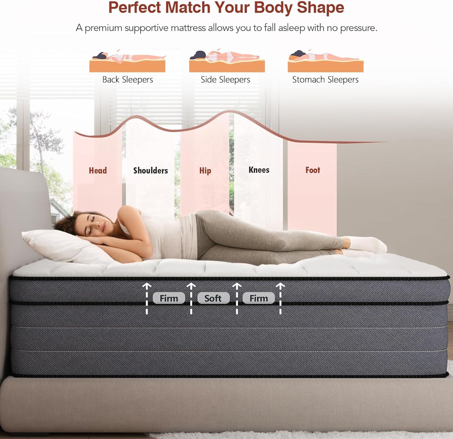 Queen Mattress 14 Inch, Queen Size Mattresses in a Box, Superior Hybrid Bed with Gel Memory Foam for Back & Lumbar Support, Pressure Relief, Zoned Support Pocket Springs, Cooling&Firm Feel