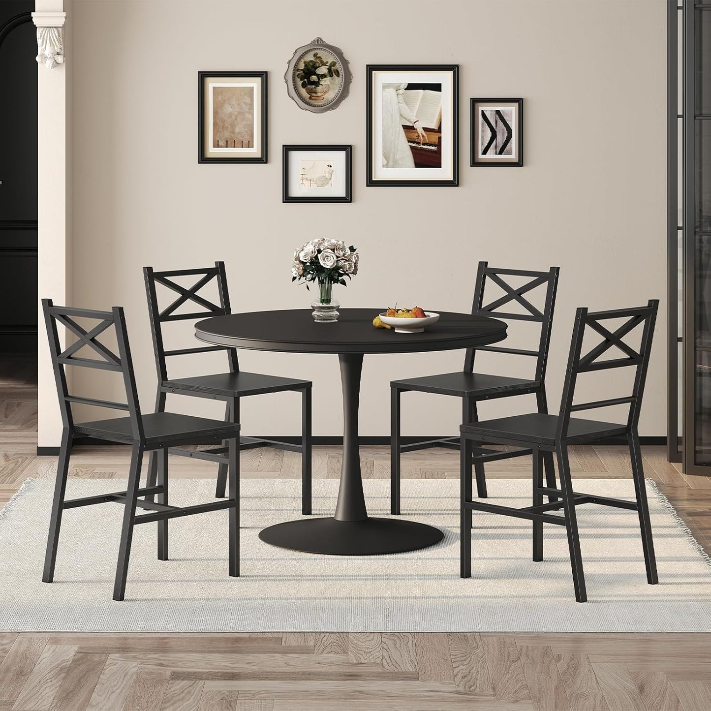 Dining Chair Set of 2, Rustic Wooden Kitchen Chairs with Backrest, Farmhouse Dining Chairs for Kitchen, Industrial Style Chair with Metal Frame, Easy Assembly, Black TBHB1001