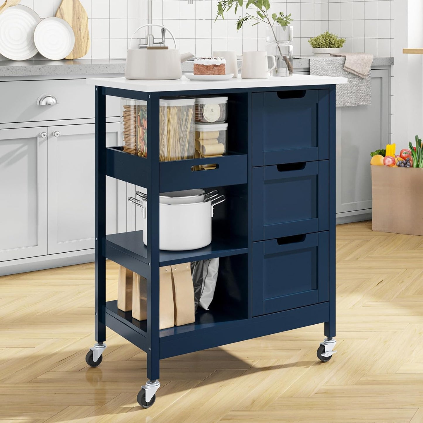 YITAHOME Small Solid Wood Top Kitchen Island Cart on Wheels with Storage, Rolling Portable Dining Room Serving Utility Carts Mobile Movable with 3 Drawers Cabinet, Navy Blue
