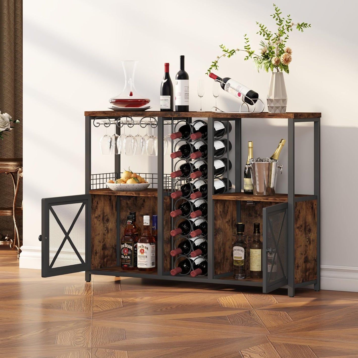 Homeiju Mini Bars for Home, Wooden Coffee Bar Cabinet, Modern Liquor Cabinet for Liquor and Glasses, Farmhouse Buffet Wine Cabinet with Storage Sideboard for Home Kitchen Dining Room