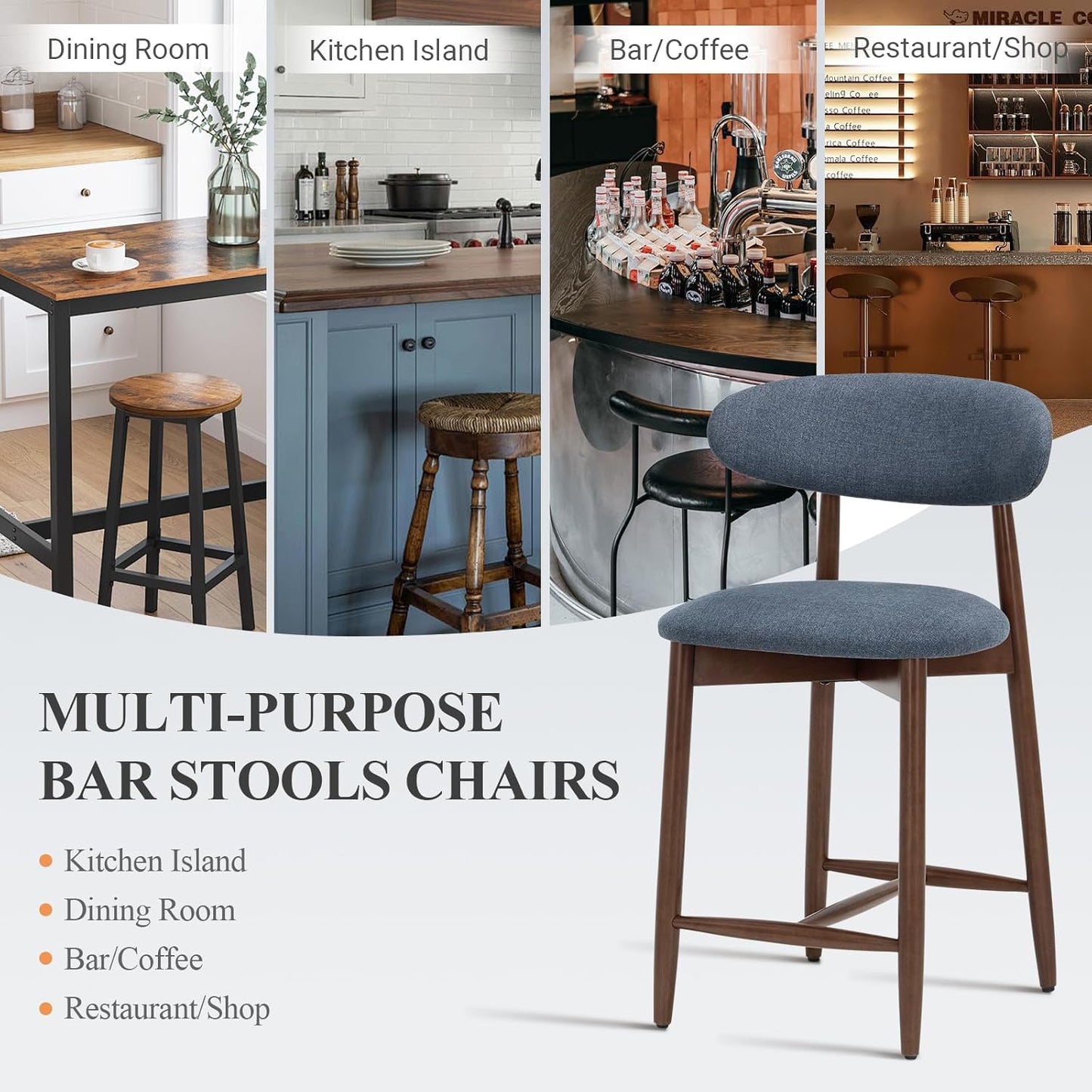 Upholstered Counter Height Bar Stools Set of 2, Modern Kitchen Island Barstools Chairs with Back and Wood Legs for Dining Room Bar, Blue