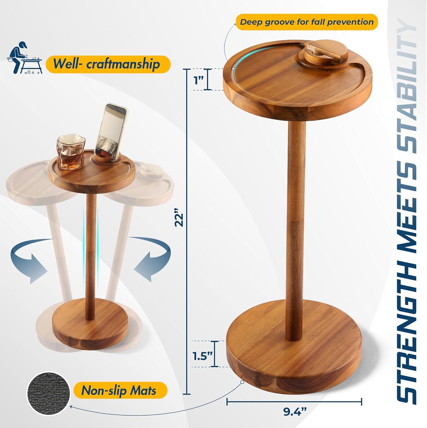 Pedestal Side Table, Acacia Drink Table with Weighted Base, Small Round Side Table for Small Spaces with 360 Rotating Phone Holder, Martini & Cocktail Pedestal End Table for Living Room, Home Office