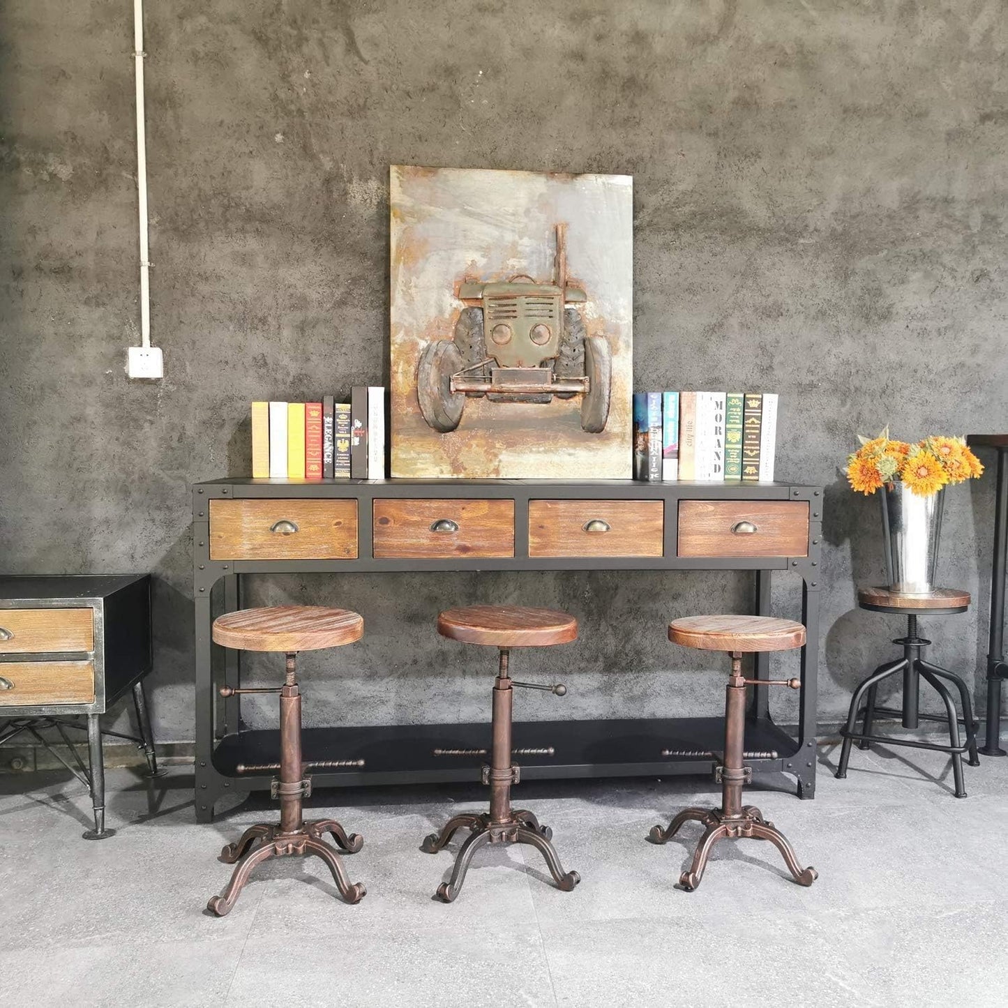 Topower Industrial Retro Vintage Farm Wooden Tractor Stool Kitchen Swivel Height Adjustable bar Stool (Copper)