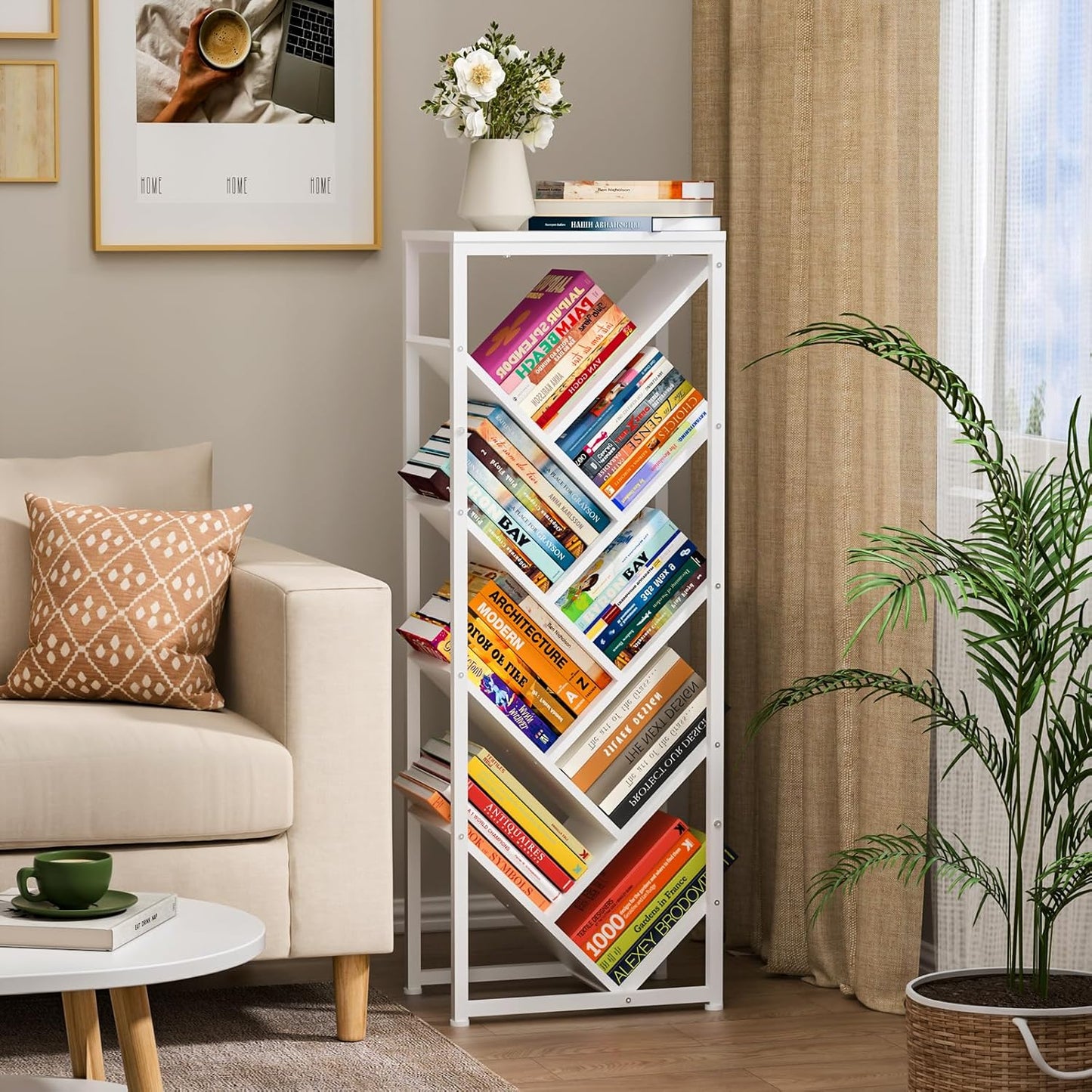 9 Tier Tree Bookshelf - White Book Shelf Floor Standing Modern Bookcase for Hardcover Books, Small Bookshelf for Small Spaces Bookshelves Wooden Book Storage Organizer Shelves for Bedroom Living Room