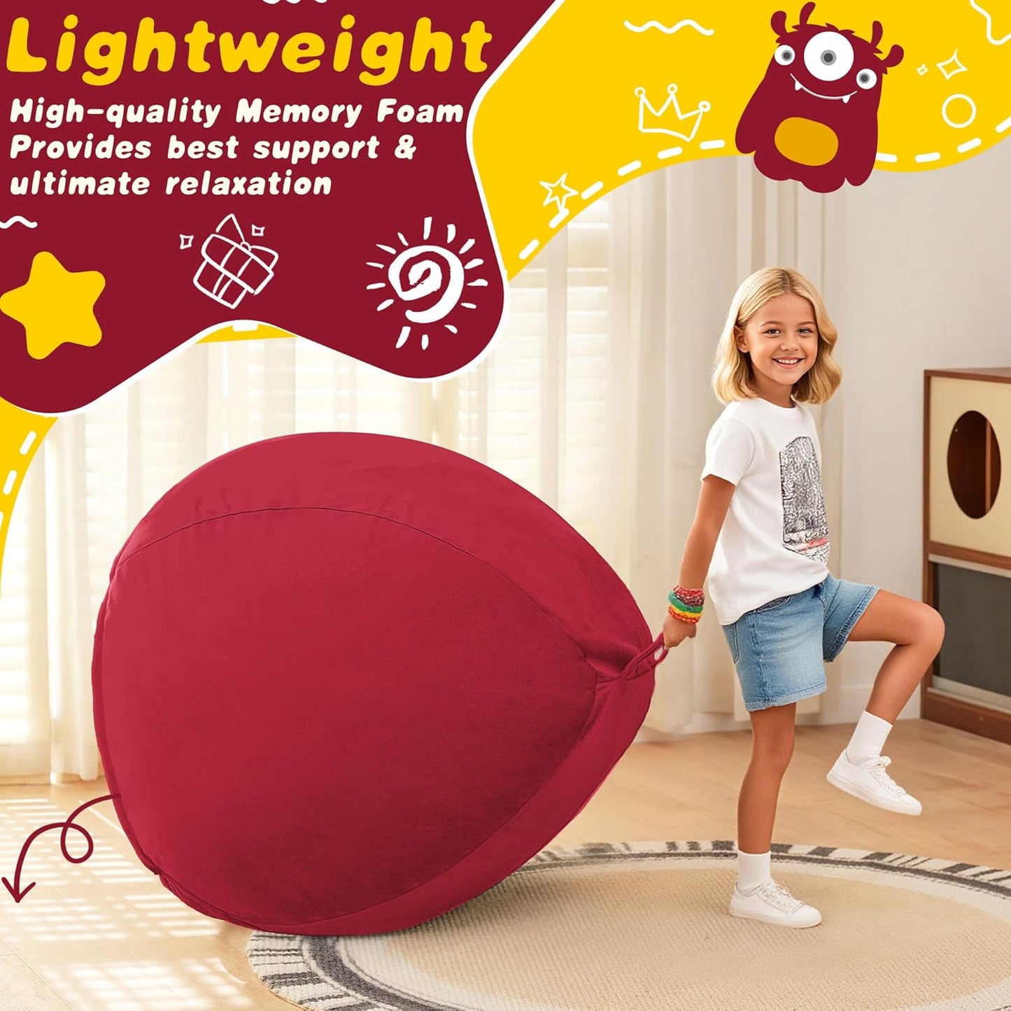 HABUTWAY 2FT Bean Bag Chair, 2' Beanbags Small Bean Bag Chairs with Filling, Teardrop Bean Bag Chair Luxurious Velvet Ultra Soft Fur with Removable Cover (Red)