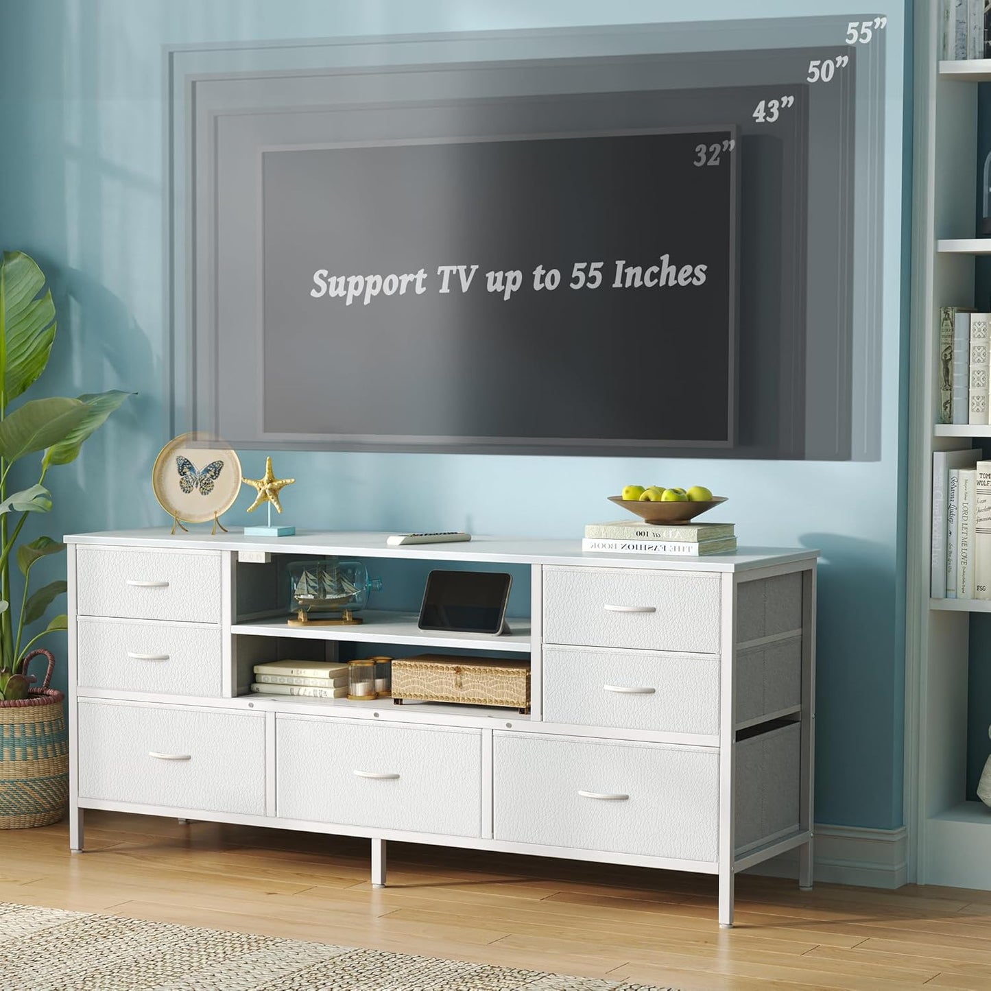 Huuger Dresser for Bedroom With Power Outlets and LED Lights, 7 Drawers TV Stand for 55 Inch TV, 47 Inches TV Console With Open Shelf, Wide White PU Leather