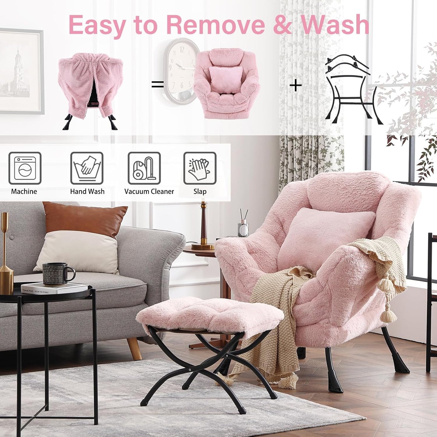 Large Lazy Chair with Ottoman, Accent Reading Chair with a Throw Pillow, Cozy Lounge Chair with Armrest, Leisure Sofa Chair for Living Room, Bedroom, Dorm, Plush Pink