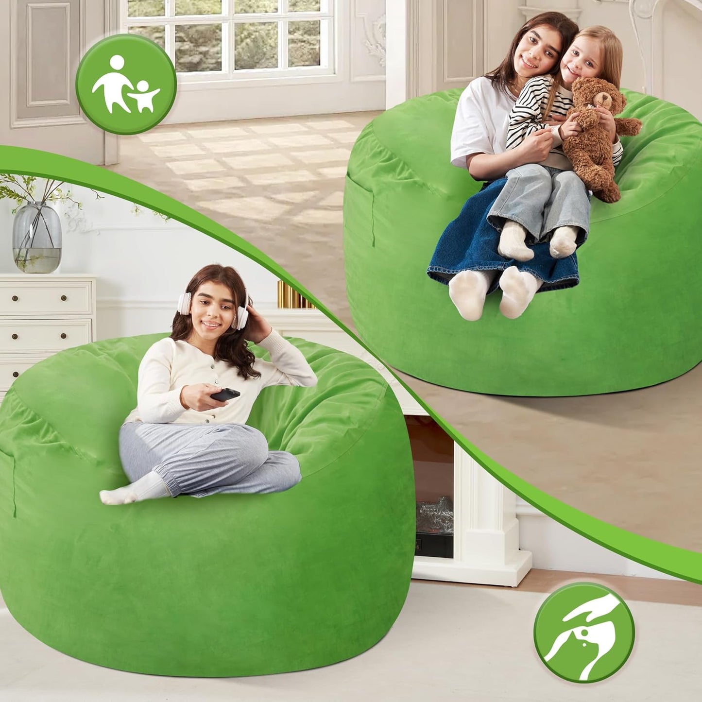 Homguava 4 FT Bean Bag Chair: 4' Bean Bags with Memory Foam Filled, Large Beanbag Chairs Soft Sofa with Dutch Velvet Cover-Lime