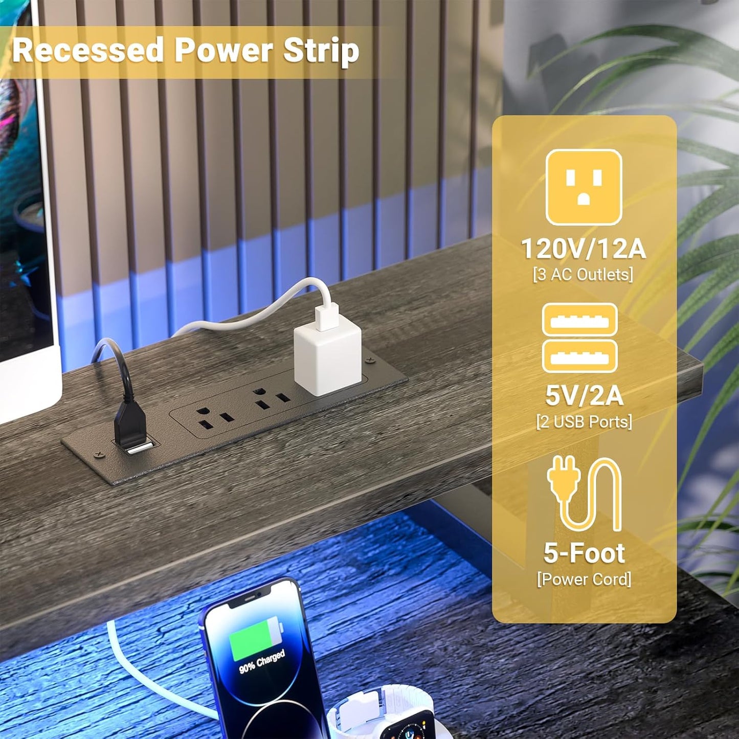 Computer Desk with USB Power Outlets and LED Lights, 47 inch Gaming Desk with Monitor Stand for Small Space Home Office, Modern Simple Study Writing Table PC Desks, Black Oak