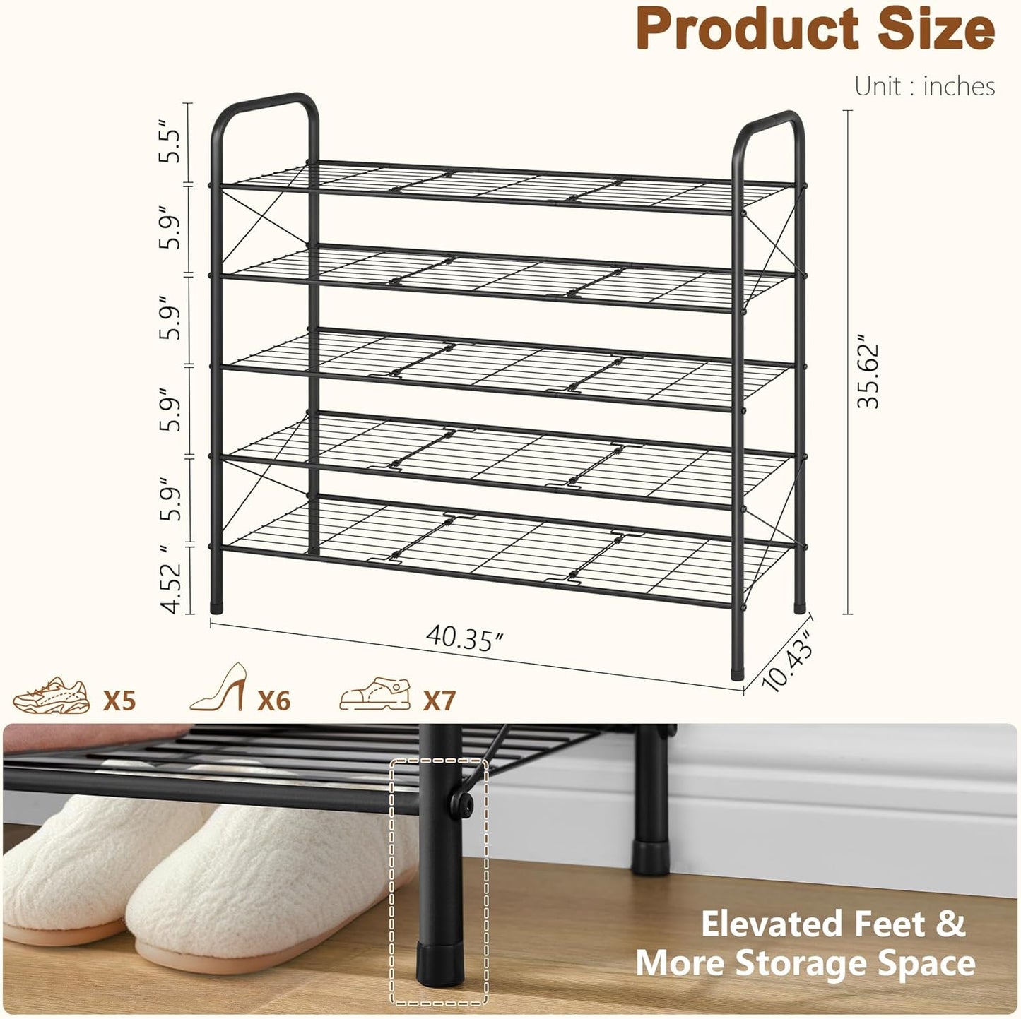 Hoctieon 5 Tier Mesh Style Shoe Rack, Entryway Shoe Shelf, Shoe Storage Organizer, Shoe Rack for Closet, Space Save for Bathroom, Garage, Hallway, Bedroom, Living Room, Black